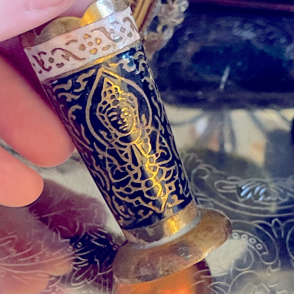 ✨MCM Brass Black Gold Etched 2” Vase w/Buddha & Lord Ganesh Indian Folk Art✨